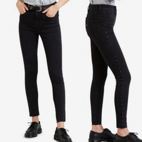 Levi's 721 High Rise Skinny Black Washed Studded Grunge Jeans Womens Size 28 - Picture 1 of 14